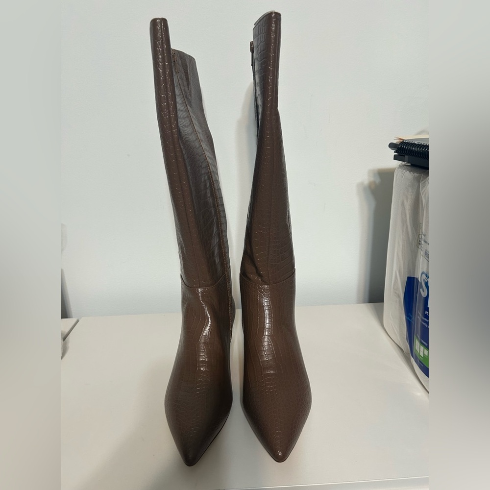 Brown Croc-Embossed Knee-High Boots
